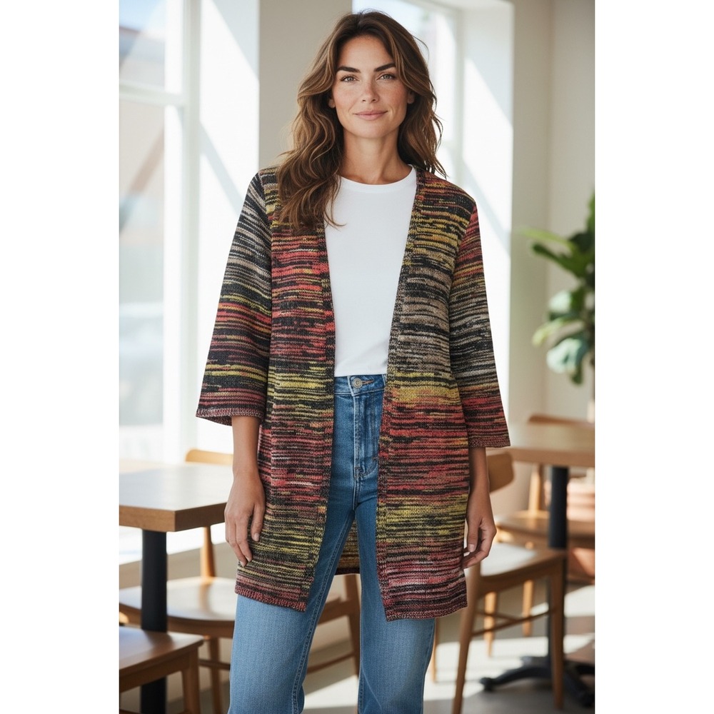 New Directions Striped Knit Open Front Cardigan Sweater Women's Large Multicolor